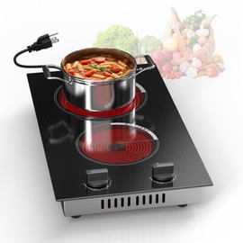 Cooksir 2 Burner Electric Cooktop - 110v Countertop and Built-in Electric Stove 2000W, 12 Inch Ceramic Stove with Residual Heat Indicator, Over-Temperature Protection, Knob Control, 110-120V Plug in