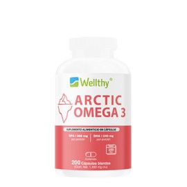 Wellthy Acrtic Omega 3 Softgel 200 Cápsulas. 360mg EPA, 240mg DHA, 100 Dias de Consumo, Hecho en Planta Certificada.