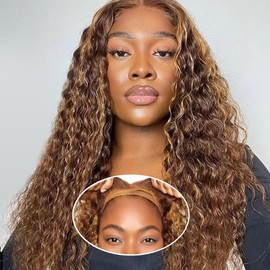 Glueless Wig Human Hair Wigs Deep Wave Lace Front Wig Pre Plucked Hairline 4x4 HD Transparent Lace Frontal Wigs 180% Density Brazilian Human Hair P4/27 Highlight Ombre Colour Wig 22 Inches (55 cm)