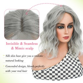 Ms Taj 11 Inch Short Wavy Hair Topper for Women with Thinning Hair, Natural Synthetic Lightweight & Breathable Hairpiece for Women with 6.5"x6.5" Base, Instantly Adds Volume and Coverage（Silver Grey）