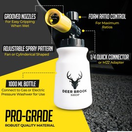 Deer Brook Shop Hornet Foam Cannon for Pressure Washer - Adjustable Soap Sprayer with Additional 1.1mm Orifice - Heavy Duty Foamer for Car Wash - 1/4 Quick Connector & M22 Adapter, 1000ML Bottle