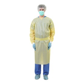 Medtecs Disposable Isolation Gowns - AAMI Level 4 PPSB+PE 36 GSM - 10/100 PC - Seal Tape & Elast Cuffs, Fluid Resistant Durable Comfortable PPE - CoverU Series, Unisex Adult | Yellow, 100 PC