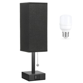 Black Small Table Lamp for Bedroom - 3 Color Temperature 3000K 5000K 4000K Bedside Lamp, Pull Chain Control, USB A and C Charging Ports, Black Base, for Kids Office Dorm Nightstand, Bulb Included