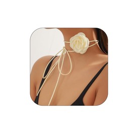 Bethynas Flower Choker Necklace for Women Gothic Floral Lace-up Necklace Rose Collar Long Tie Velvet Necklace for Bridal Wedding Summer Party (Style 2 - Ivory)