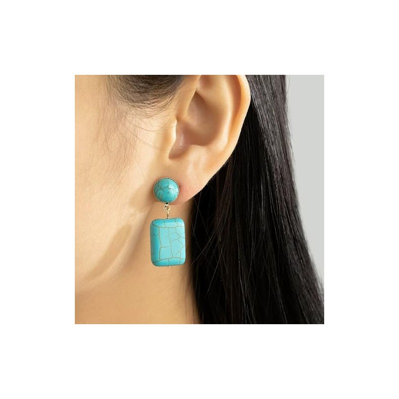 Turquoise Drop Clip-On Earrings, Gold-Tone, Rectangle Stone, 1.5 cm Width