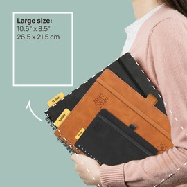 POPRUN Academic 2025-2026 Diary Week to View Large Spiral Bound PU Leather Soft Cover 26.5 x 21.5 cm - 25/26 Mid Year Weekly Planner & Notebook in One, Monthly Tab (Brown)