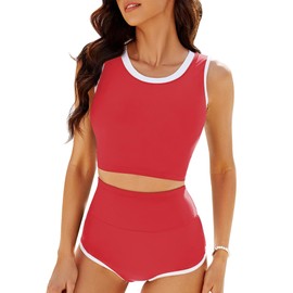 GRAPENT Athletic Swimsuits for Womens Swimsuits with Shorts Bikini Sets Full Coverage Bikini Womens Two Piece Bathing Suits Tankini Swimsuits for Women Tummy Control Color Red Size XXL XX-Large