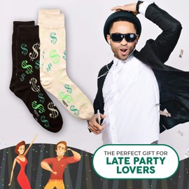 Foozys Mens Crew Socks | Late Night Party & Up to No Good Novelty Socks | 2 Pair (Dollar Signs)