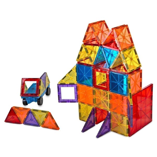 Mag-Genius Award Winning building Magnet Tiles Blocks Clear Colors 3D Brain Building Blocks Set of 108 +15 extra piece set bonus Includes 2 Cars And Free Storage Bin AGE 3 +
