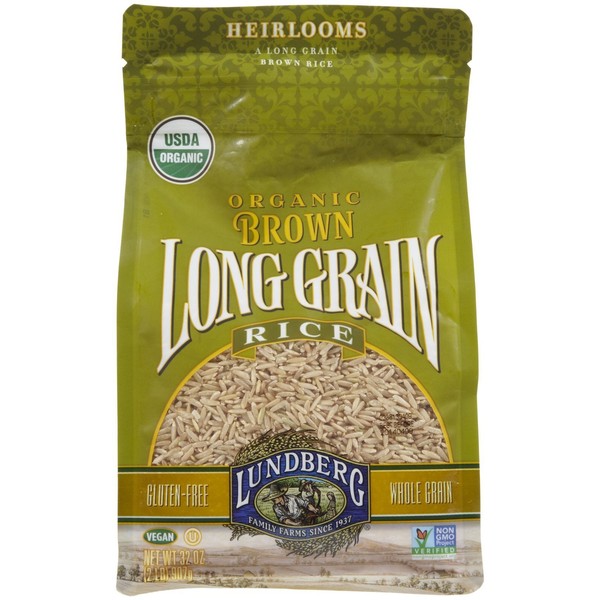 Lundberg Family Farms - Organic Brown Long Grain Rice, Subtle Flavor, Remains Separate When Cooked, 100% Whole Grain, High Fiber, Pantry Staple, Gluten-Free, Non-GMO, USDA Certified Organic (32 oz)