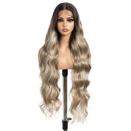 DÉBUT Long Wavy Lace Front Wigs 13x4 Middle Part Synthetic Body Wave Lace Wig for Women Slight Pre Plucked Hairline with Baby Hair Ombre Ash Blonde 36 Inches