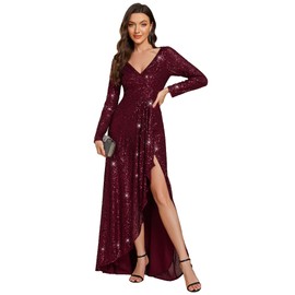 Ever-Pretty Women's Sexy Winter Sequin Dress Long Sleeves A-Line High Low Maxi Evening Dresses Burgundy 8UK
