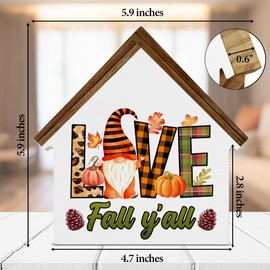 Fall Autumn Sign Decor Autumn Gnome Love Fall Y'All House Shape Wooden Sign Rustic Thanksgiving Home Kitchen Desk Shelf Decor