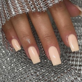 Nude Pink Press On Nails Medium Long Square, Xcreando Medium Coffin Nails Acrylic Press ons Glue on Nails Long Length, Semi-Transparent Solid Fake Nail for Women, Natural Artificial Nail Stick on