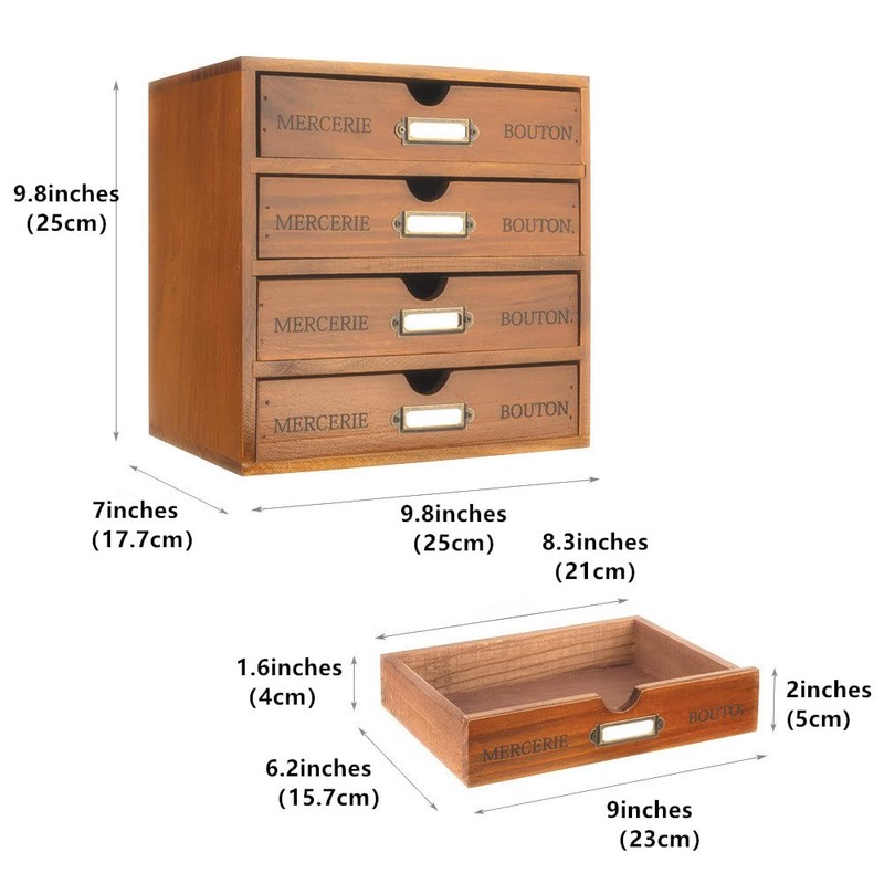 Wooden Storage Box Rustic Desktop Organizer with Drawers/Labels 4 Tier