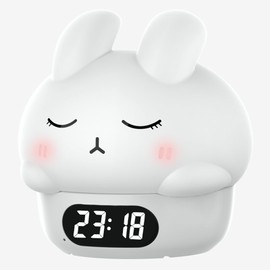 Cute Bunny RGB Rechargeable Night Light, Soft Silicone Lampshade, Adjustable Brightness LED Clock, Date, Alarm, Thermometer, Timer, Tap Control, Bedroom Lamp, Gift for Girl and Kid (White Bunny)