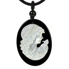 Vintage Style Carved Lady Portrait Flatback Oval Pendant Black Onyx Mother of Pearl Shell Cameo Victorian Lady Face Silhouette Framed Pendant Necklace 22 Inch