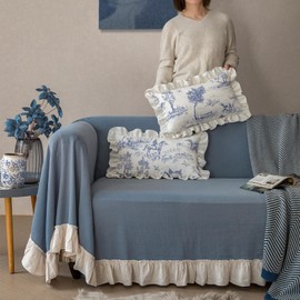 Rustic Throw Pillow Covers Set of 2 Classic French Village Printed Linen Fabric Decorative Pillow Cases Retro Ruffle Flounces Trim Rectangular Cushion Case for Livingroom Sofa Decor Blue 12 x 20 Inch