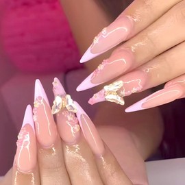 QQPPOLIU Almond Shape Press on Nails Long Length with Flower and Butterfly Design French Tip Fake Nails Nude Full Cover Nails Gift Set 24 PCS for Women and Girls