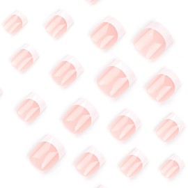 White French Tip Press on Nails Short Square Fake Nails Pink False Nails with Glossy Glue on Nails Full Cover Stick on Nails Cute Acrylic Nails Reusable Artificial Nails for Women Manicure 24Pcs
