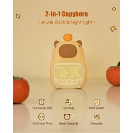Aokpsrt Capybara Alarm Clock with Night Light for Kids, Cute Toddler Alarm Clocks for Bedrooms Ok to Wake Clocks for Girls and Boys, Rechargeable Silicone Animal Tabletop Lamp for Kid