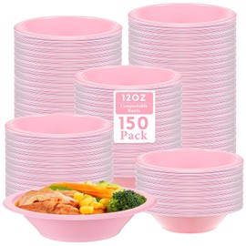 150 Pack Plastic Bowls, 12 oz Disposable Soup Bowls Premium Pink Plastic Salad Bowls Snack Dessert Bowl Bulk for Party, Wedding, Catering, Ice Cream, Home or Event Party Supplies, 7 Inch