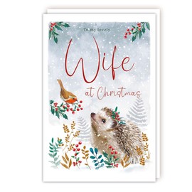 Tracks Publishing Lovely Wife Christmas Card - Snowy Hedgehog and Robin - Eco-Friendly