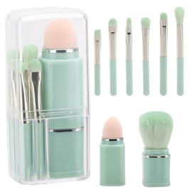 8 in 1 Multifunctional Cosmetic Brushes with Clear Case for Travel, Retractable Loose Powder Brush, Foundation Brush, Angled Brush, Eyeshadow Brush, Blending Brush, Lip Brush - Light Cyan