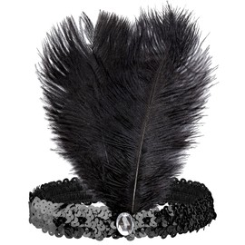 W WIDMANN MILANO Party Fashion 8668F - Pailletten Stirnband mit 2 Federn und 1 Juwel, schwarz, 20er Jahre, Charleston, Flapper, Motto-Party, Karneval