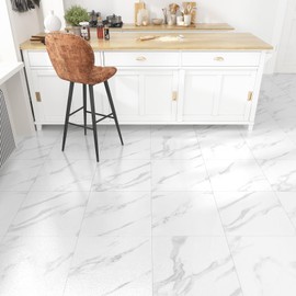 WESTICK Peel and Stick Floor Tile 12" x 12" Self Adhesive Bathroom Floor Tiles Peel and Stick Waterproof Sticky Tiles for floor Marble White Vinyl Flooring for Kitchen Bedroom Camper Living Room 5 PCS