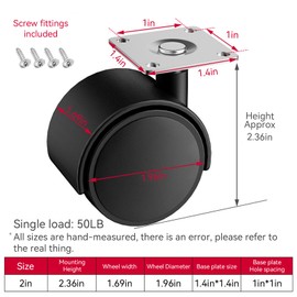 2-inch Furniture casters Set of 5，Replacement cart Plastic casters, Black Nylon Plastic Small Swivel casters with Screws, Used for workbenches and Moving Drawer Cabinet Table