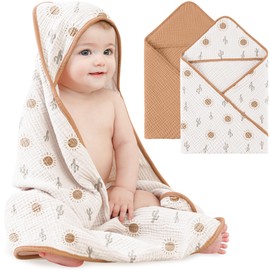 Bearmoss Muslin Baby Bath Towels 100% Cotton Baby Hooded Bathing Towels for Newborn Unisex Baby Boys Girls Infants Toddlers & Kids - 30x30in 2Pack (Sun&Cactus)