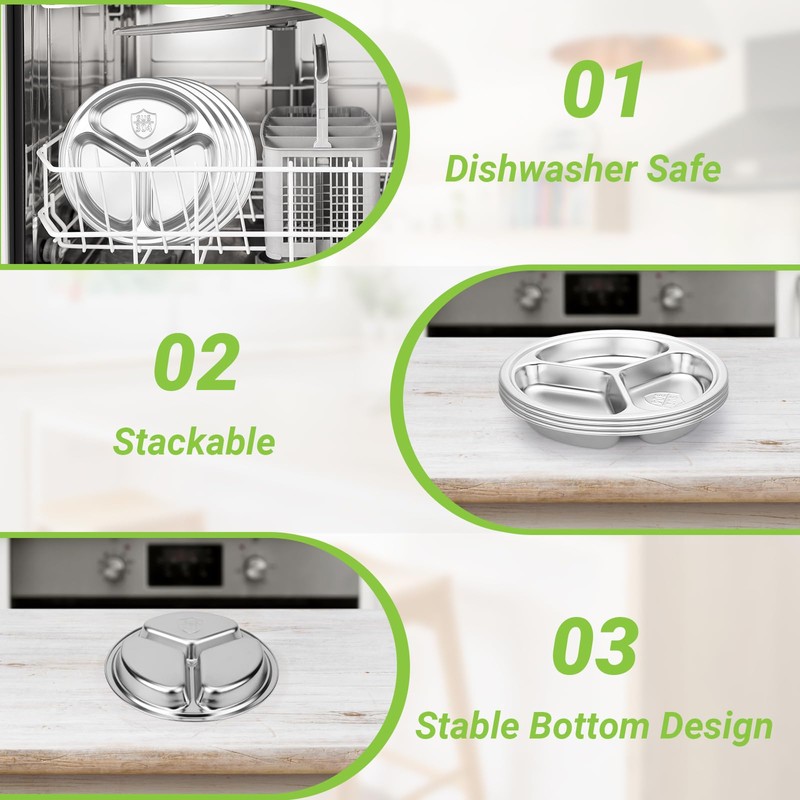 Offiper 304(18/8) Stainless Steel Compartment Plates, 2 Pack 9.4” Medium