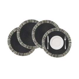 JEIYMIUW 15 Inch Round Braided Placemats Set of 4, Black Round Placemats,Boho Table Mats,Washable Wipeable Table Mats for Dining Table Heat Resistant Non-Slip Circle