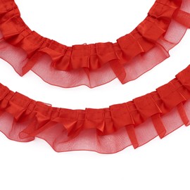 PandaHall 21.8 Yards Satin Organza Lace Edge Trim 2-Layer Gathered Ruffle Chiffon Ribbon 1-5/8 Inch Red Pleated Edging Trimmings Fabric for Cloth Sewing Embroidered Applique Wedding Party Decor