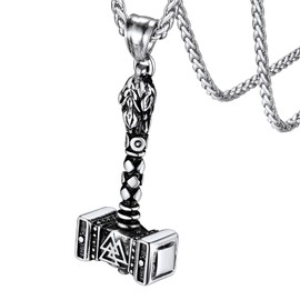 Valknut Amulet Norse Viking Thor's Hammer Pendant Necklace for Men, Stainless Steel Nordic Runes Mjolnir Neck Jewelry Accessories for Women