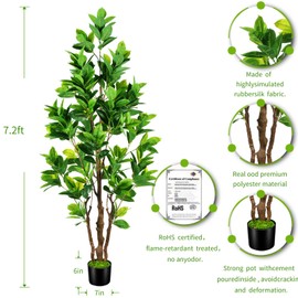 OXLLXO 7.2ft Artificial Rubber Tree (85in) with Plastic Nursery Pot Fake Tree, Faux Ficus Plant for Office House Farmhouse Living Room Home Decor (Indoor/Outdoor)