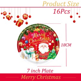 16Pcs Christmas Party Paper Plates 18cm,Merry Christmas Tableware Decor Red Santa Claus Snowman Elk Pattern Disposable Paper Plate Xmas Plates for Birthday Christmas Party Supplies Table Decorations