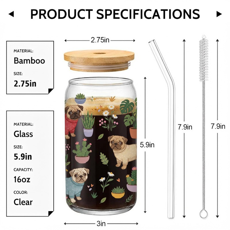 Pug Gift for Women,16 oz Glass Cup with Lids and