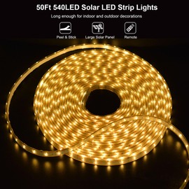 50Ft Solar LED Strip Lights Outdoor, 540 LED Long Strip Lights IP68 Fully Waterproof Acrylic Tape with Remote Self-adhesive, Cuttable Auto ON/OFF Rope Lights for Patio Pool Camping Decor (Warm White)