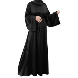Women Solid Satin Robe Bishop Sleeve Long Middle East Dress Muslim Robe, Black 02