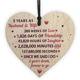 RED OCEAN 5th Wedding Anniversary Plaque Wooden Heart Five Year Wedding For Her Husband Wife Keepsake