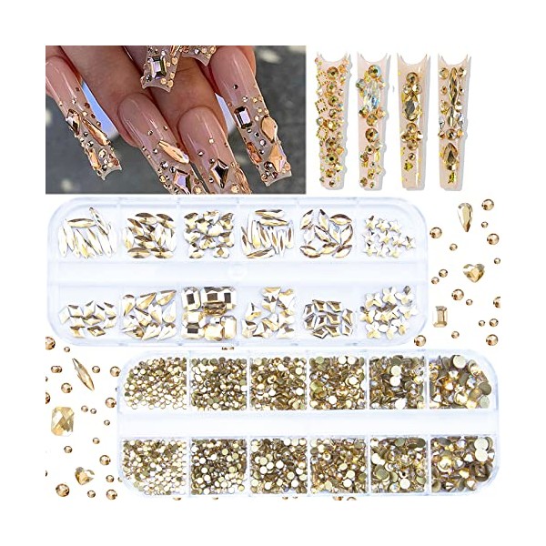 2120Pcs Champagne Gold Crystal Nail Rhinestones Round Beads Flatback Glass Gems Stones Multi Shapes Sizes Gold Rhinestones Nail Crystals for Nail DIY Crafts Clothes Shoes Jewelry
