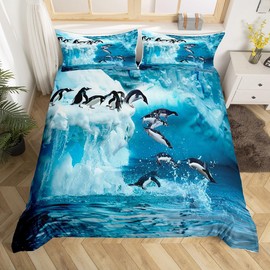 Cute Penguin Duvet Cover Polar Animal Pattern Bedding Set Funny Penguins Printed Comforter Cover for Boys Girls Kids Room Decor Winter Blue Nature Bedspread Cover Queen Size with 2 Pillow Case
