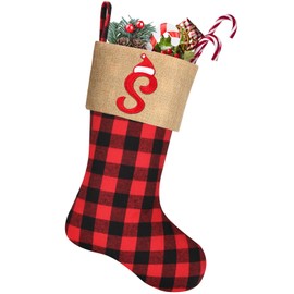 Woosytoo 20 Inches Large Monogram Christmas Stockings Embroidered Initial Christmas Stocking Red Black Buffalo Plaid Burlap Christmas Stocking for Christmas Xmas Tree Fireplace Decorations, Letter S
