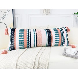 NUYECY Chenille and Cotton Long Pillow for Bed,Striped Textured Boho Long Lumbar Throw Pillow Cover 14x36,Neutral Accent Decorative Extra Long Body Pillow Case for Couch Sofa Bedroom,Turquoise
