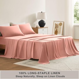 TOSMO 100% French Linen Sheets Set Twin Size, Breathable and Durable Linen Bedding for Hot Sleepers, 3pc Set (1 Flat Sheet, 1 Fitted Sheet, 1 Pillowcase) Rose Pink