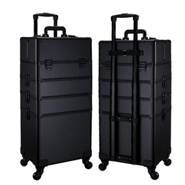 SCIKHEFT 5 in 1 Professional Makeup Train Case Aluminum Cosmetic Case Rolling Makeup Case Extra Large Trolley Makeup Travel Organizer, with 360° Swivel Wheels (All Black)