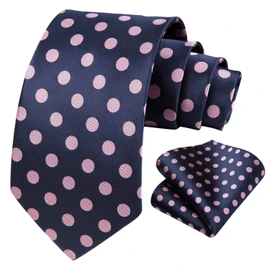 HISDERN Extra Long Polka Dots Tie Handkerchief Men's Necktie & Pocket Square Set , XL, 63 inches length, Pink / Navy Blue