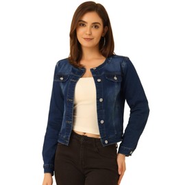 Allegra K Women's Denim Jacket Button Down Collarless Long Sleeve Jean Jackets Small Deep Blue